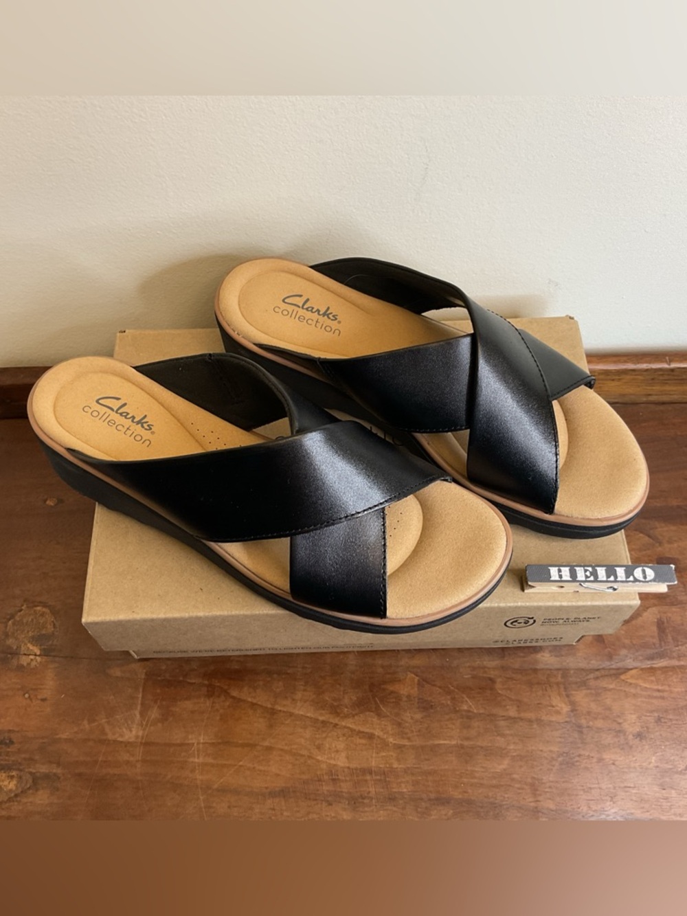 Clarks Jillian Gem Slip On Wedge Sandal Black Leather Women’s 8.5M New Open Toe